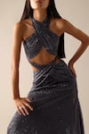 Deme X Kalki_Grey Shimmer Net Solid Halter Karlie Draped Gown _Online_at_Aza_Fashions