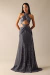 Buy_Deme X Kalki_Grey Shimmer Net Solid Halter Karlie Draped Gown _Online_at_Aza_Fashions