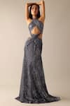 Deme X Kalki_Grey Shimmer Net Solid Halter Karlie Draped Gown _at_Aza_Fashions