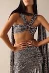 Deme X Kalki_Grey Net Embroidered Sequins Halter Alida Blouse Skirt Set _Online_at_Aza_Fashions