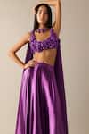 Shop_Deme X Kalki_Purple Satin Embroidered Sequins Round Florence Blouse Lehenga Set _Online_at_Aza_Fashions