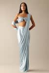 Deme X Kalki_Blue Shimmer Lycra Embroidered Cutdana Dora Pre-pleated Saree With Blouse _at_Aza_Fashions