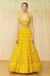 Khwaab by Sanjana Lakhani_Yellow Raw Silk Printed Floral Plunge Embroidered Choli With Lehenga Set_Online_at_Aza_Fashions