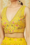 Buy_Khwaab by Sanjana Lakhani_Yellow Raw Silk Printed Floral Plunge Embroidered Choli With Lehenga Set_Online_at_Aza_Fashions