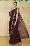 Samyukta Singhania Maroon Georgette Sequins, Pearls, Scalloped Pre-draped Saree With Choli Online at Aza Fashions Samyukta Singhania_Maroon Georgette Sequins, Pearls, Scalloped Pre-draped Saree With Choli _Online_at_Aza_Fashions