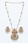 Shop_Our Purple Studio_Gold Plated Kemp Stones Studded Temple Pendant Necklace Set_at_Aza_Fashions