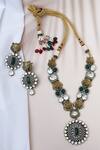 Shop_Our Purple Studio_Green Pearls, Gota Patti, Stones Onyx Embellished Pendant Necklace Set _Online_at_Aza_Fashions