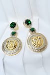 Shop_Our Purple Studio_Gold Plated Diamonds, Stones Carved Lion Pattern Embellished Earrings _at_Aza_Fashions