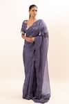 Buy_Oshi By Shikha_Purple Bamboo, Silk Organza Embroidery, Sequins V-neck Saree With Hand Blouse _at_Aza_Fashions