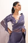 Shop_Oshi By Shikha_Purple Bamboo, Silk Organza Embroidery, Sequins V-neck Saree With Hand Blouse _at_Aza_Fashions