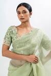 Shop Oshi By Shikha Green Silk Organza, Brocade, Bamboo, Cotton Saree With Floral Hand Blouse at Aza Fashions Shop_Oshi By Shikha_Green Silk Organza, Brocade, Bamboo, Cotton Saree With Floral Hand Blouse _at_Aza_Fashions
