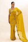 Buy_Oshi By Shikha_Yellow Blouse Bamber Silk Embroidery Floral V Neck Saree With _at_Aza_Fashions