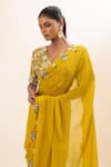 Shop_Oshi By Shikha_Yellow Blouse Bamber Silk Embroidery Floral V Neck Saree With _at_Aza_Fashions