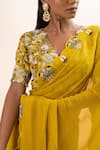 Buy_Oshi By Shikha_Yellow Blouse Bamber Silk Embroidery Floral V Neck Saree With _Online_at_Aza_Fashions