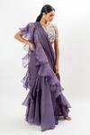 Buy_Oshi By Shikha_Purple Chiffon, Silk Organza Pre-draped Ruffle Saree With Embroidered Blouse _at_Aza_Fashions