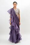 Buy_Oshi By Shikha_Purple Chiffon, Silk Organza Pre-draped Ruffle Saree With Embroidered Blouse _Online_at_Aza_Fashions