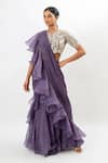 Shop_Oshi By Shikha_Purple Chiffon, Silk Organza Pre-draped Ruffle Saree With Embroidered Blouse _Online_at_Aza_Fashions