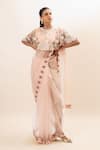 Buy_Oshi By Shikha_Pink Silk Organza, Cotton, Lycra Pearls Floral Embroidered Capelet Saree Set _at_Aza_Fashions