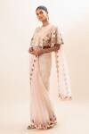 Shop_Oshi By Shikha_Pink Silk Organza, Cotton, Lycra Pearls Floral Embroidered Capelet Saree Set _Online_at_Aza_Fashions
