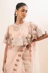 Shop_Oshi By Shikha_Pink Silk Organza, Cotton, Lycra Pearls Floral Embroidered Capelet Saree Set _at_Aza_Fashions