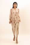 Buy_Oshi By Shikha_Beige Tunic Chanderi Embroidery Floral V Neck With Dhoti Pant _at_Aza_Fashions