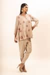 Buy_Oshi By Shikha_Beige Tunic Chanderi Embroidery Floral V Neck With Dhoti Pant 