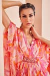 Shop_Mandira Wirk_Red Chiffon Printed Abstract Deep V Neck Asymmetric Kaftan _Online_at_Aza_Fashions