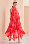 Buy_Mandira Wirk_Orange Chiffon Printed Floral High Collar High-low Dress_at_Aza_Fashions