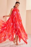 Buy_Mandira Wirk_Orange Chiffon Printed Floral High Collar High-low Dress_Online_at_Aza_Fashions