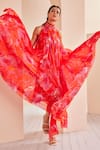 Shop_Mandira Wirk_Orange Chiffon Printed Floral High Collar High-low Dress_Online_at_Aza_Fashions