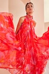 Shop_Mandira Wirk_Orange Chiffon Printed Floral High Collar High-low Dress_at_Aza_Fashions