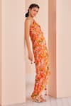 Shop_Mandira Wirk_Orange Chiffon Printed Abstract One Shoulder Dress_Online_at_Aza_Fashions