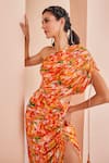 Shop_Mandira Wirk_Orange Chiffon Printed Abstract One Shoulder Dress_at_Aza_Fashions