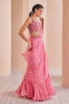 Mandira Wirk_Pink Net Printed Abstract V Neck Pre-draped Saree With Cutwork Blouse_Online_at_Aza_Fashions