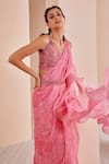 Buy_Mandira Wirk_Pink Net Printed Abstract V Neck Pre-draped Saree With Cutwork Blouse_Online_at_Aza_Fashions