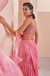 Shop_Mandira Wirk_Pink Net Printed Abstract V Neck Pre-draped Saree With Cutwork Blouse_Online_at_Aza_Fashions