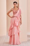 Buy_Mandira Wirk_Pink Net Embroidered Floral V Neck Pre-draped Saree With Blouse_at_Aza_Fashions