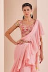 Mandira Wirk_Pink Net Embroidered Floral V Neck Pre-draped Saree With Blouse_Online_at_Aza_Fashions