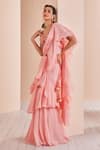 Shop_Mandira Wirk_Pink Net Embroidered Floral V Neck Pre-draped Saree With Blouse_Online_at_Aza_Fashions