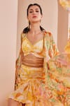 Mandira Wirk_Yellow Chiffon Printed Abstract V Neck Cape Skirt Set _Online_at_Aza_Fashions