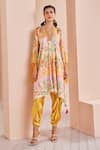 Buy_Mandira Wirk_Yellow Satin Printed Abstract V Neck Tunic And Dhoti Pant Set _at_Aza_Fashions