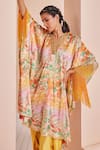 Shop_Mandira Wirk_Yellow Satin Printed Abstract V Neck Tunic And Dhoti Pant Set _at_Aza_Fashions