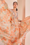 Buy_Mandira Wirk_Orange Chiffon Printed Abstract V Neck Anarkali Set _Online_at_Aza_Fashions