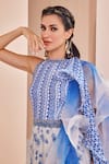 Shop_Mandira Wirk_Blue Chiffon Printed Floral High Neck Kurta Churidar Set _at_Aza_Fashions