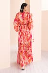 Mandira Wirk_Red Kaftan Chiffon Printed Abstract V Neck Pleated And_Online_at_Aza_Fashions