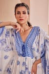 Shop_Mandira Wirk_Blue Kaftan Chiffon Floral V Neck Periwinkle Pattern _at_Aza_Fashions