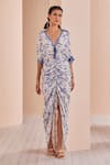 Buy_Mandira Wirk_Blue Crepe Floral V Neck Periwinkle Pattern Ruched Kaftan _at_Aza_Fashions