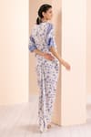 Mandira Wirk_Blue Crepe Floral V Neck Periwinkle Pattern Ruched Kaftan _Online_at_Aza_Fashions