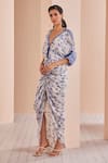 Buy_Mandira Wirk_Blue Crepe Floral V Neck Periwinkle Pattern Ruched Kaftan _Online_at_Aza_Fashions