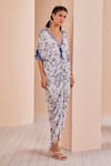 Shop_Mandira Wirk_Blue Crepe Floral V Neck Periwinkle Pattern Ruched Kaftan _Online_at_Aza_Fashions